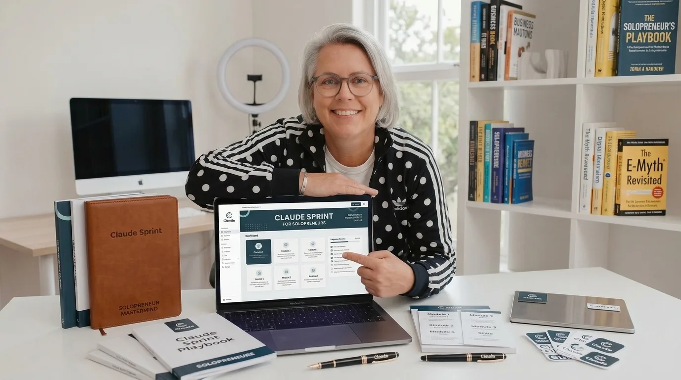 Kirsten Biema mit dem Claude Sprint Setup — Laptop, Playbook und Materialien.